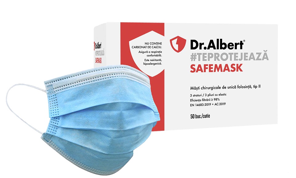 Masca de protectie de unica folosinta cu 3 straturi si pliuri Dr Albert 50 buc/cutie AViz ANMDR Dr. Albert